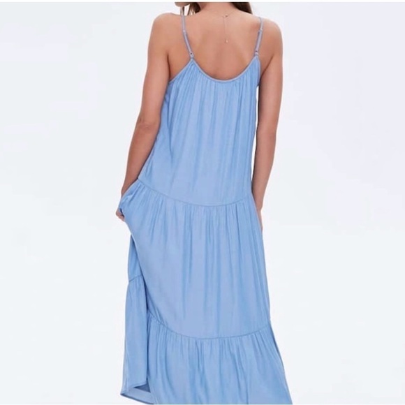 New- Lumiere Tiered, Strappy, Relaxed Fit, Chambray, Pockets, Blue Maxi Dress LG - Picture 2 of 14